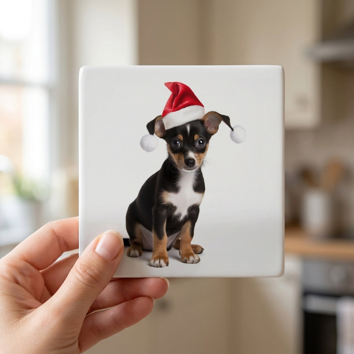 Toy Fox Terrier Puppy ceramic coasters set of 4, in hand