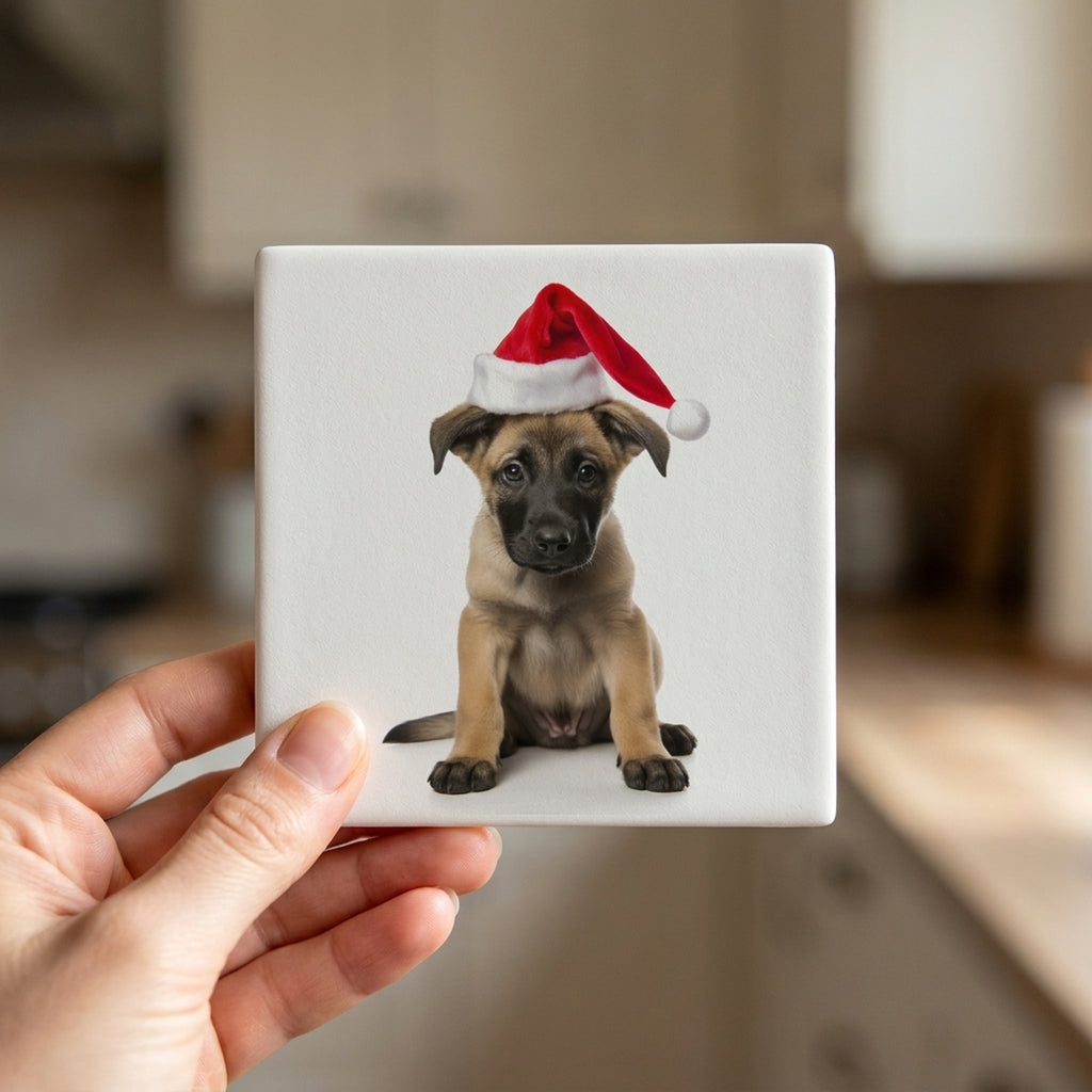 Belgian Malinois Puppy ceramic coasters set of 4, in hand