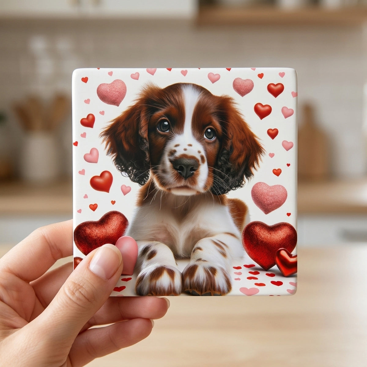 English Springer Spaniel ceramic coasters set of 4, in hand
