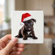 Staffordshire Bull Terrier Puppy ceramic coasters set of 4, in hand
