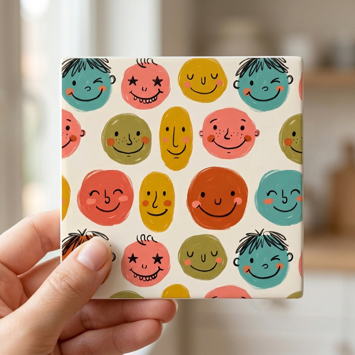 Smiley Face ceramic coasters set of 4, in hand