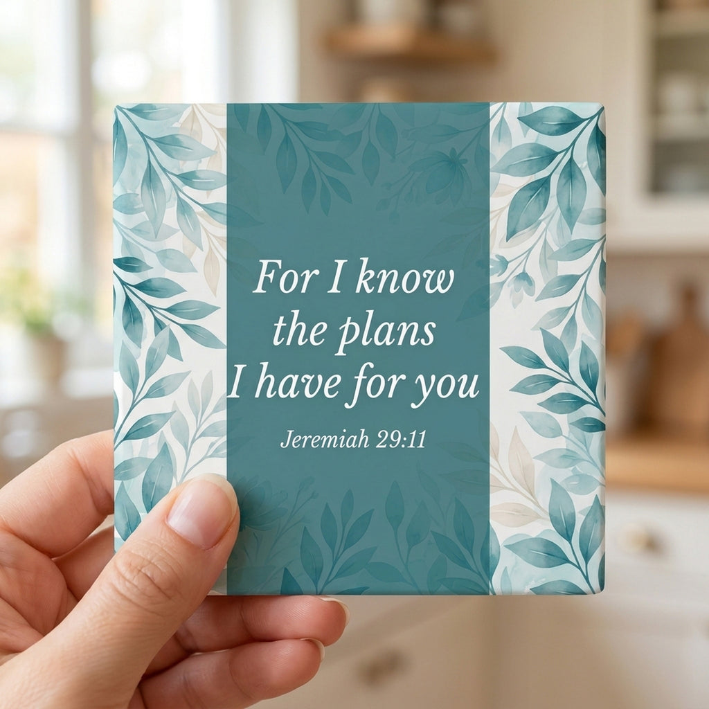Jeremiah 29:11 ceramic coasters set of 4, in hand