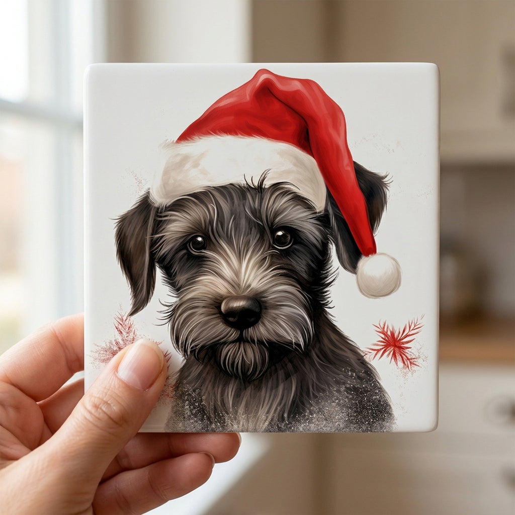 Cesky Terrier Puppy Drawing ceramic coasters set of 4, in hand