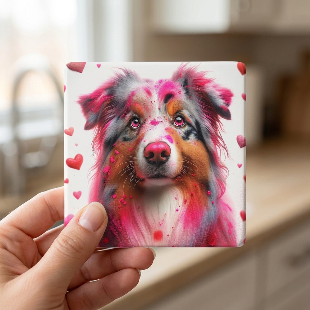 Australian Shepherd ceramic coasters set of 4, in hand