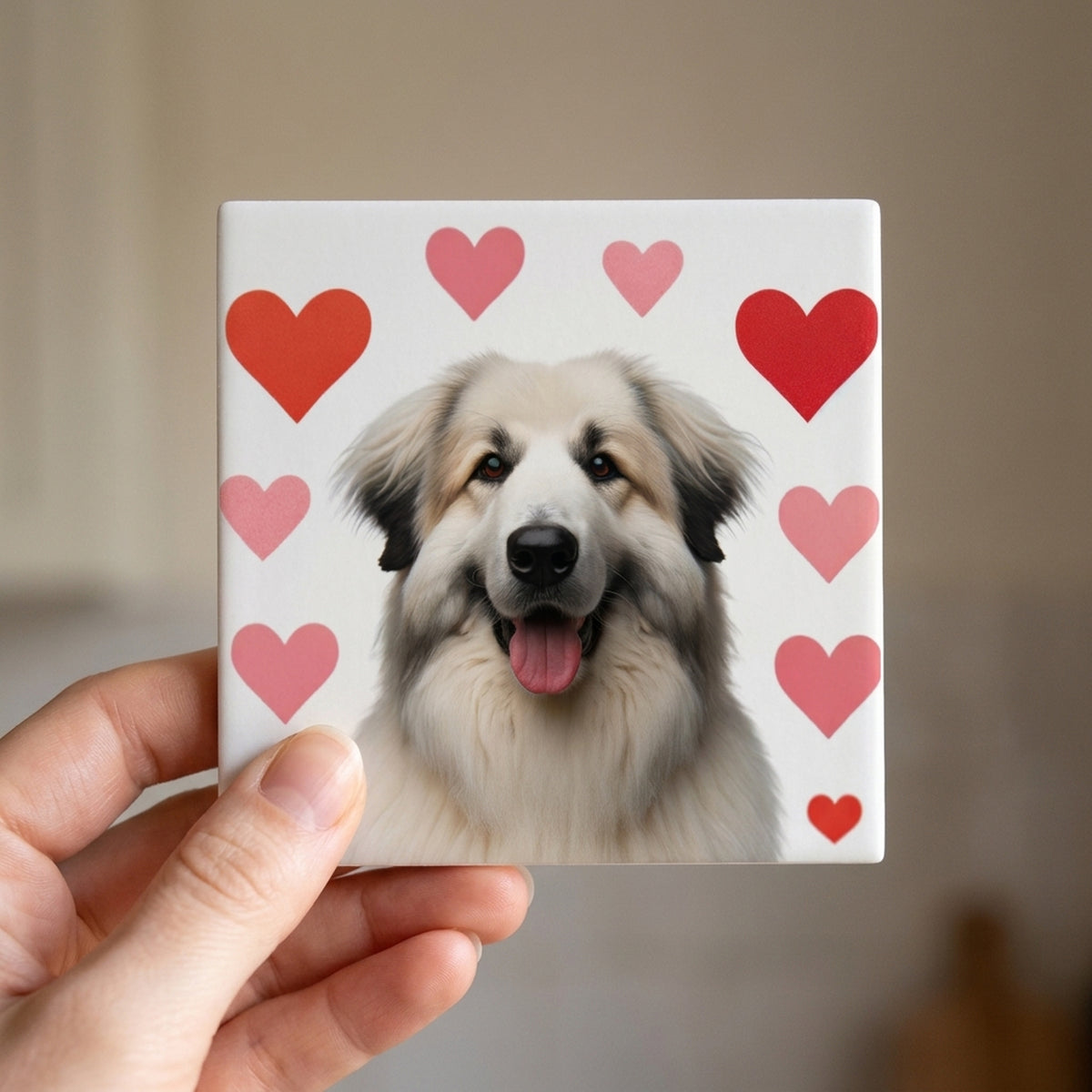 Great Pyrenees ceramic coasters set of 4, in hand