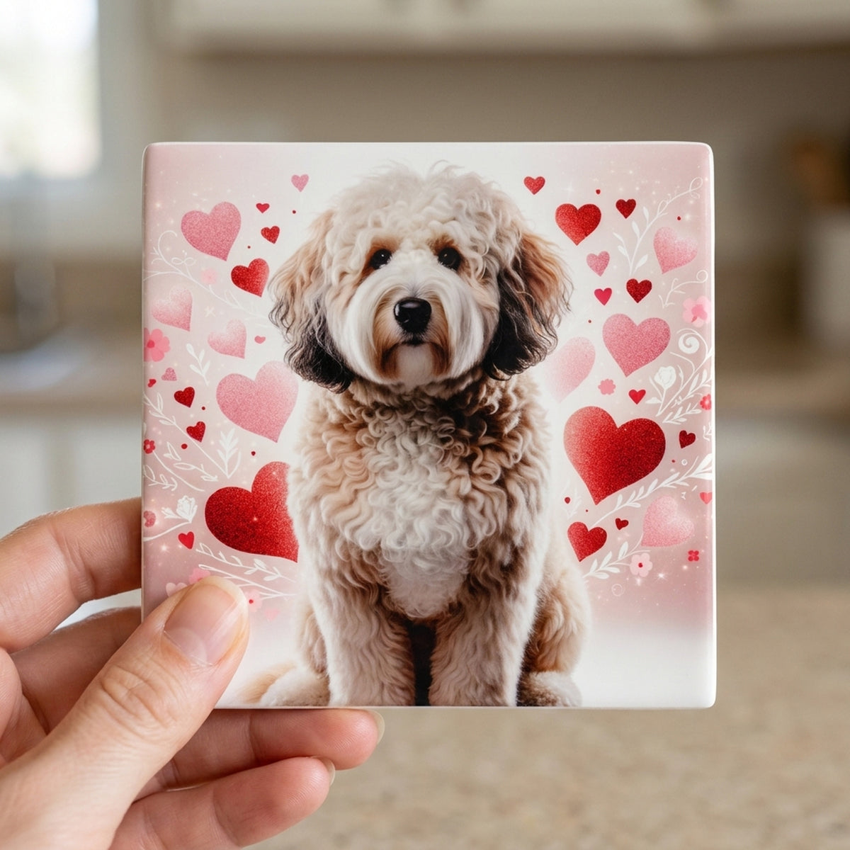 Goldendoodle ceramic coasters set of 4, in hand