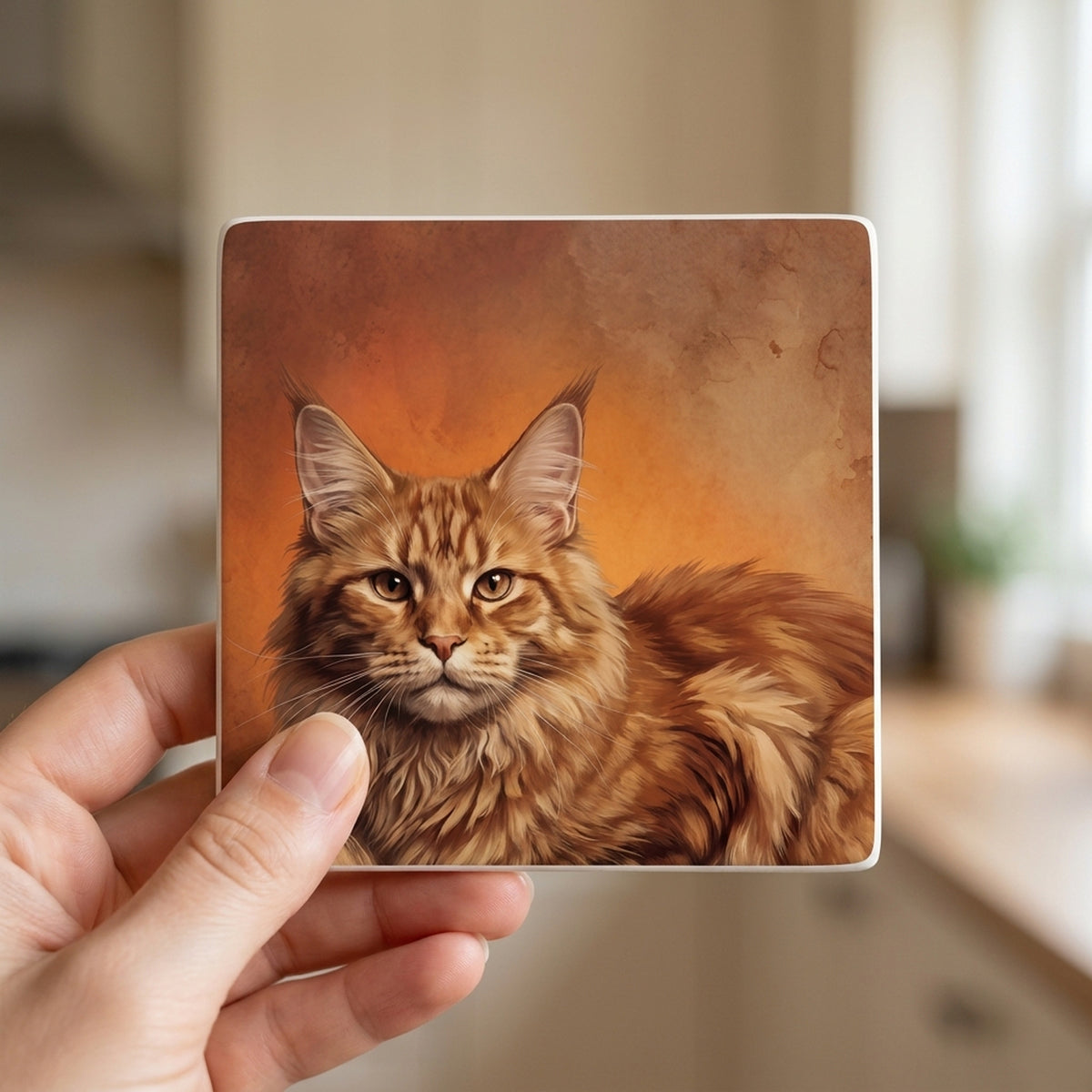 Maine Coon Cat Portrait ceramic coasters set of 4, in hand