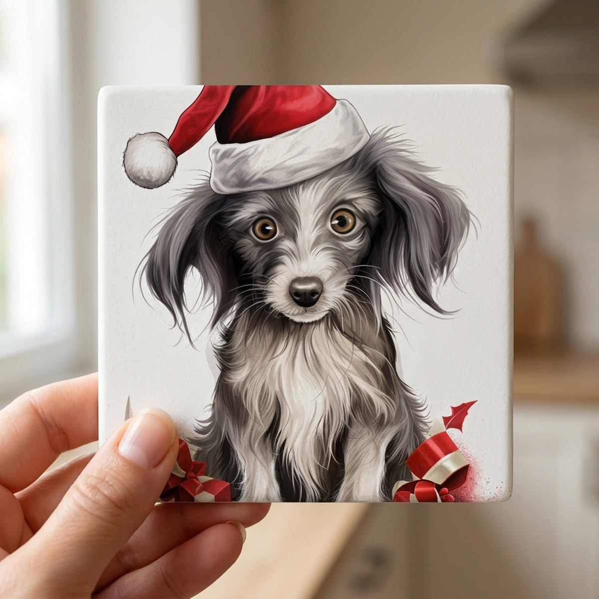 Chinese Crested Puppy Drawing ceramic coasters set of 4, in hand
