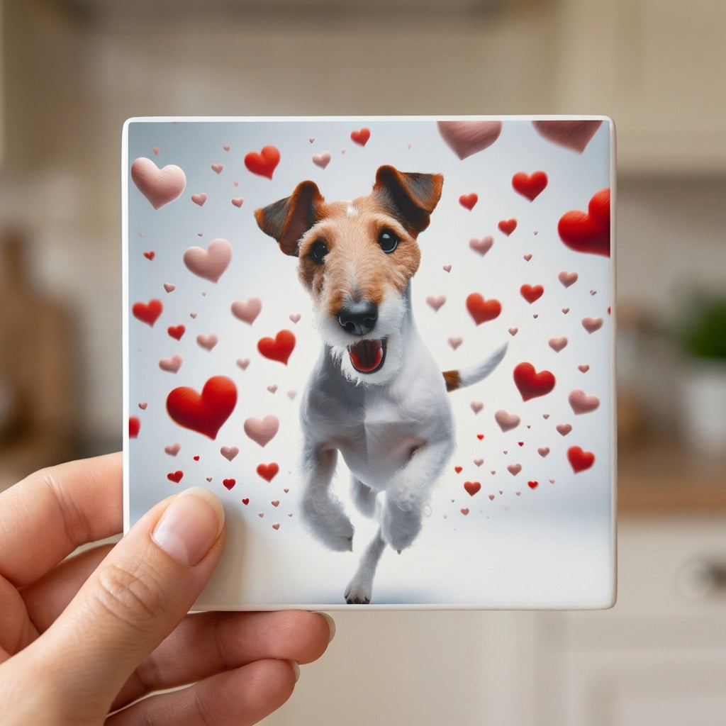 Wire Fox Terrier ceramic coasters set of 4, in hand