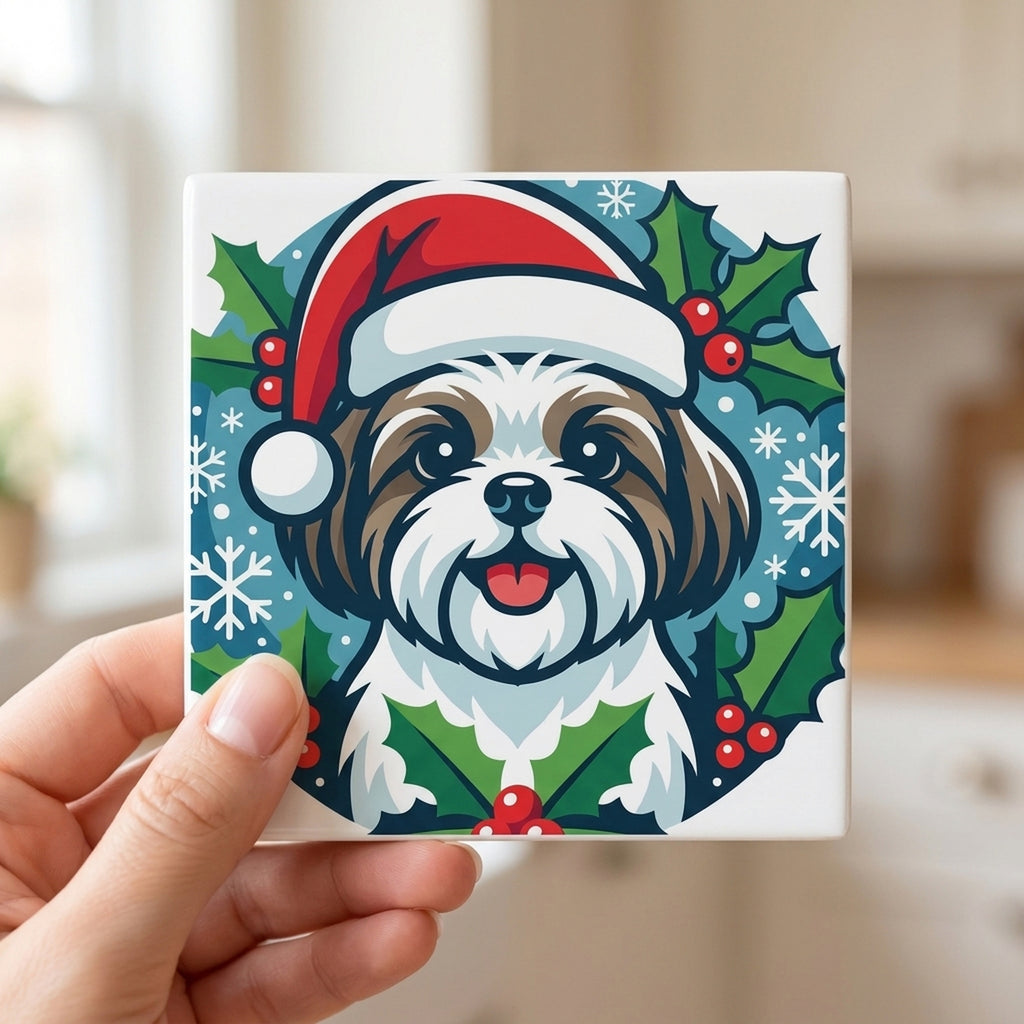 Shih Tzu Christmas Ornament Art ceramic coasters set of 4, in hand
