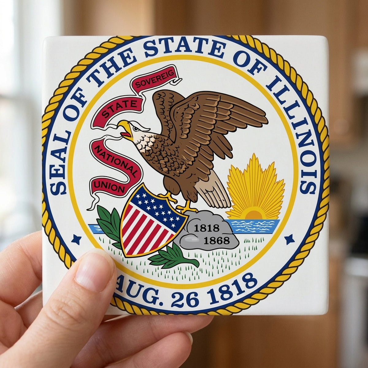 Illinois State Flag ceramic coasters set of 4, in hand