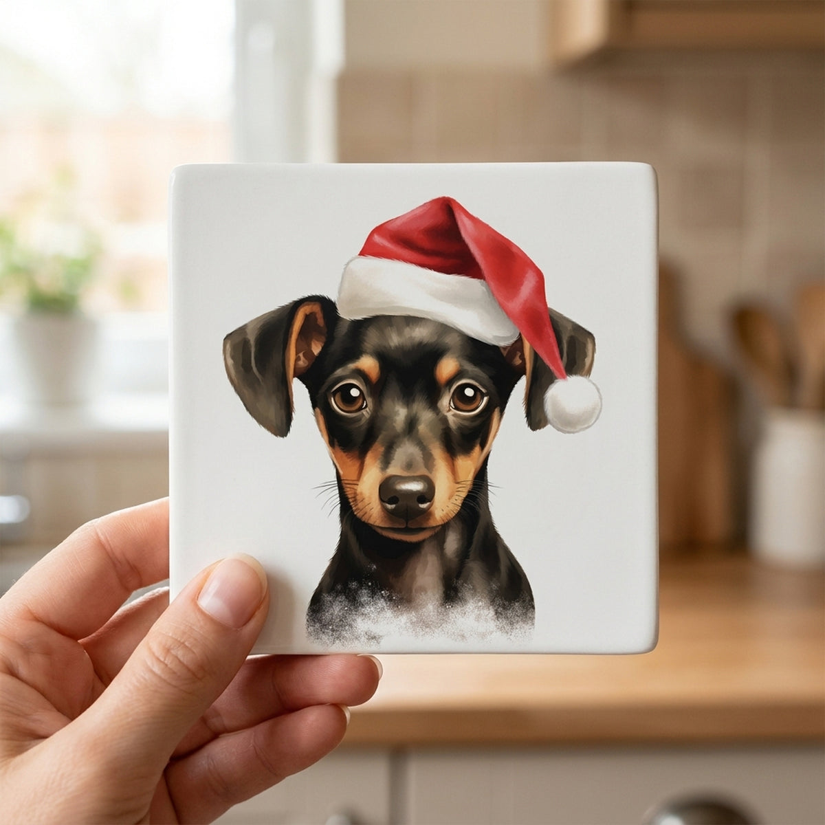 Manchester Terrier Puppy Drawing ceramic coasters set of 4, in hand