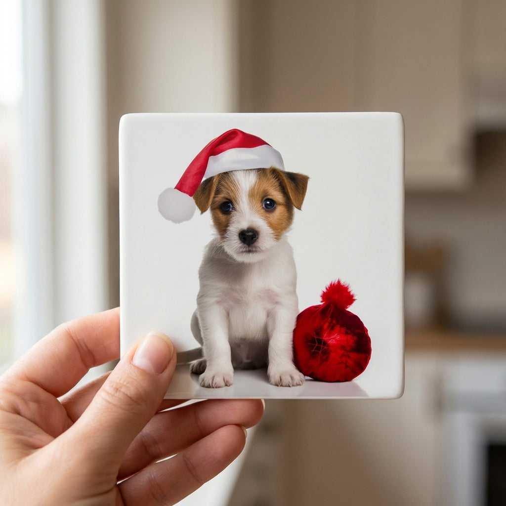 Parson Russell Terrier Puppy ceramic coasters set of 4, in hand