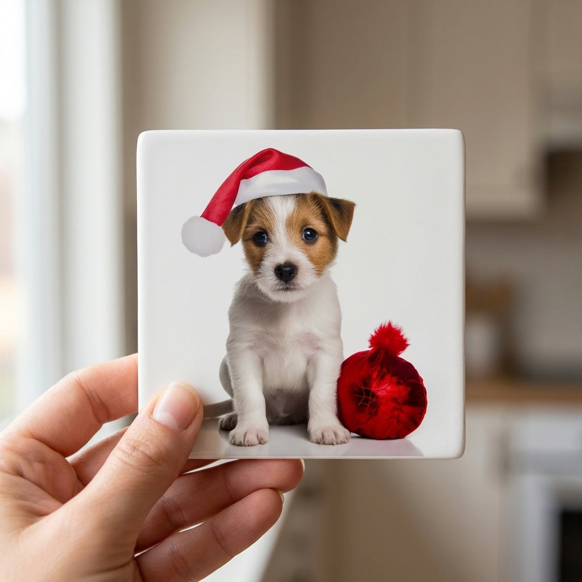 Parson Russell Terrier Puppy ceramic coasters set of 4, in hand