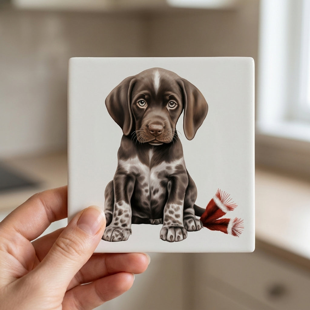 German Shorthaired Pointer Puppy Drawing ceramic coasters set of 4, in hand
