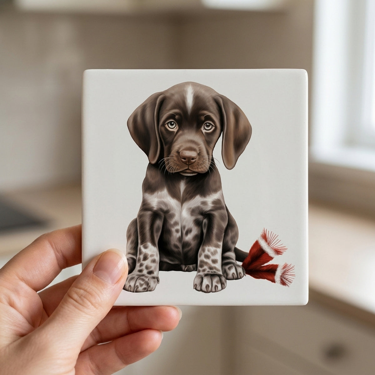 German Shorthaired Pointer Puppy Drawing ceramic coasters set of 4, in hand