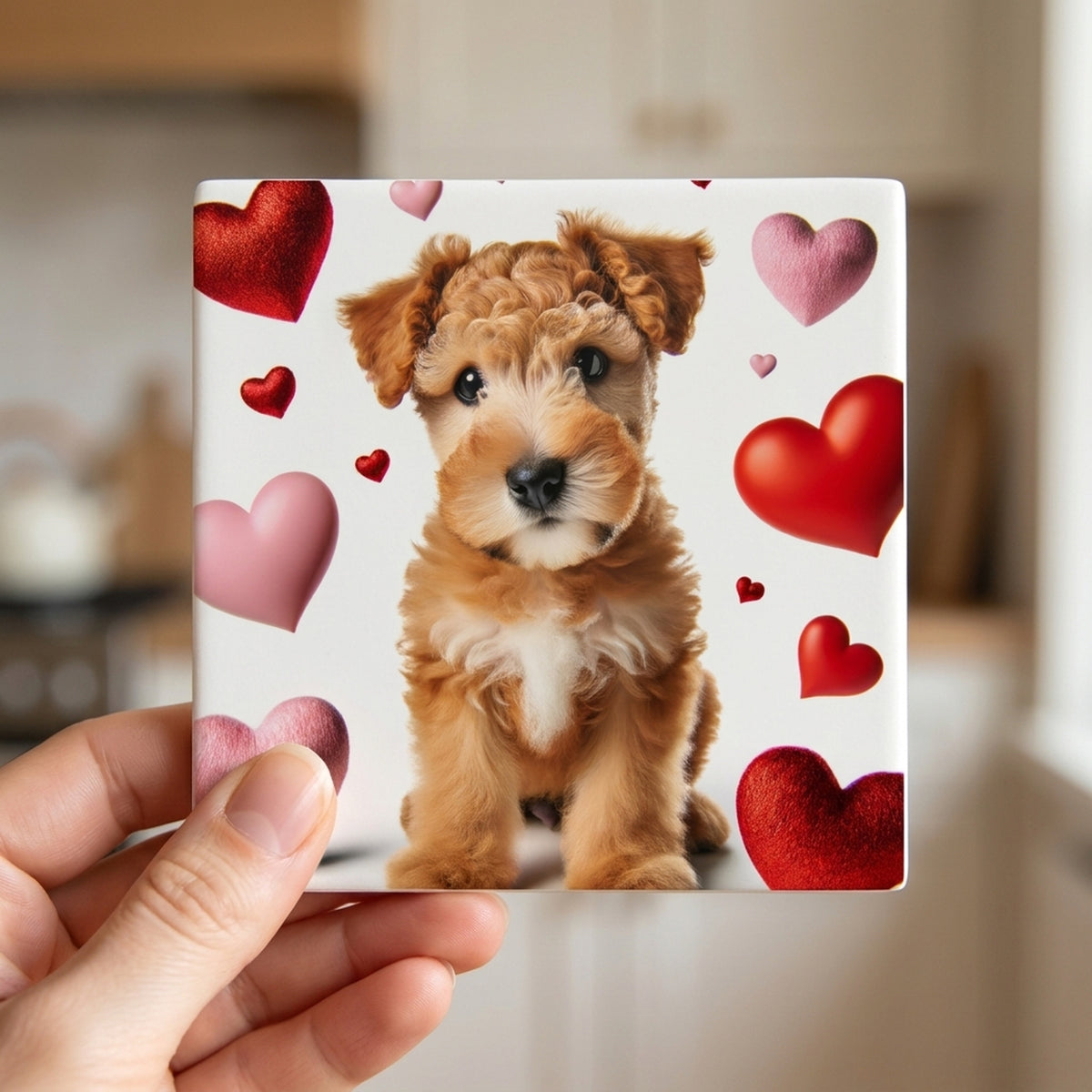 Soft Coated Wheaten Terrier ceramic coasters set of 4, in hand