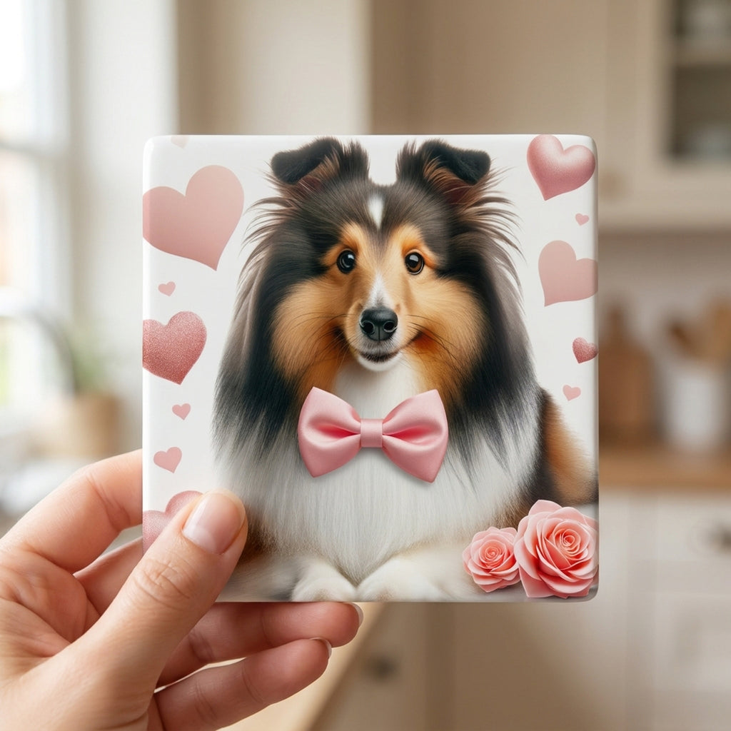 Shetland Sheepdog ceramic coasters set of 4, in hand