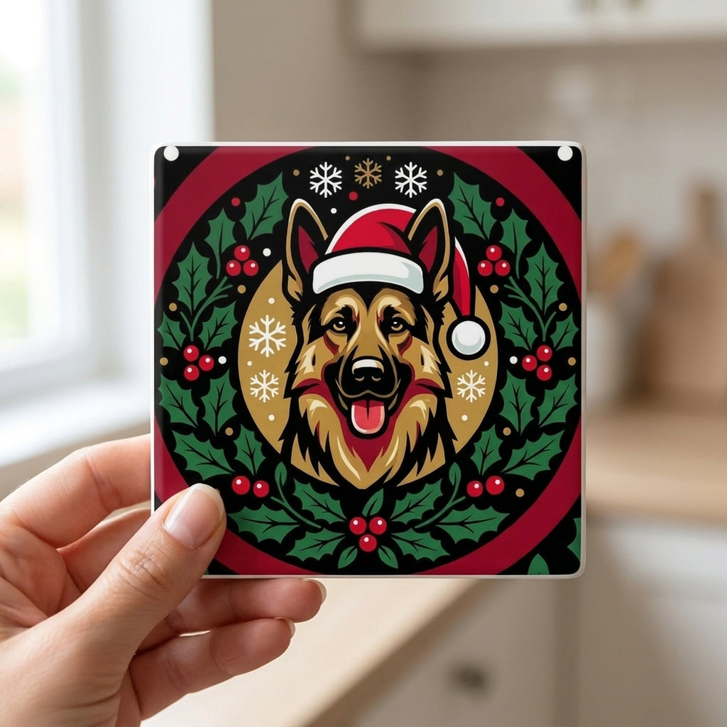 German Shepherd Christmas Ornament Art ceramic coasters set of 4, in hand