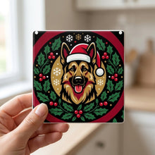 German Shepherd Christmas Ornament Art ceramic coasters set of 4, in hand