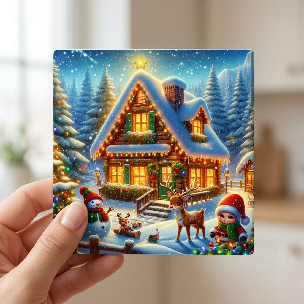 Snowy Christmas Cottage ceramic coasters set of 4, in hand