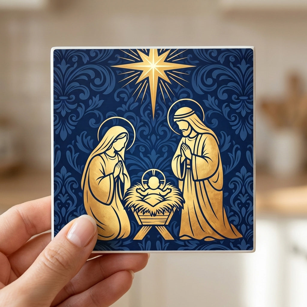 Nativity Scene ceramic coasters set of 4, in hand