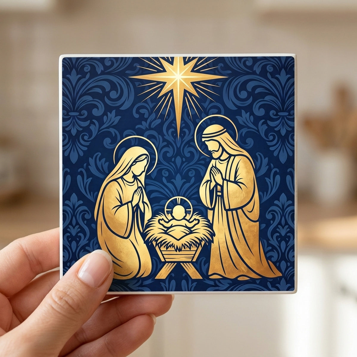 Nativity Scene ceramic coasters set of 4, in hand