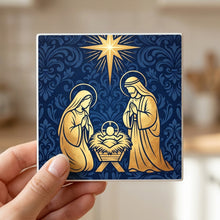 Nativity Scene ceramic coasters set of 4, in hand