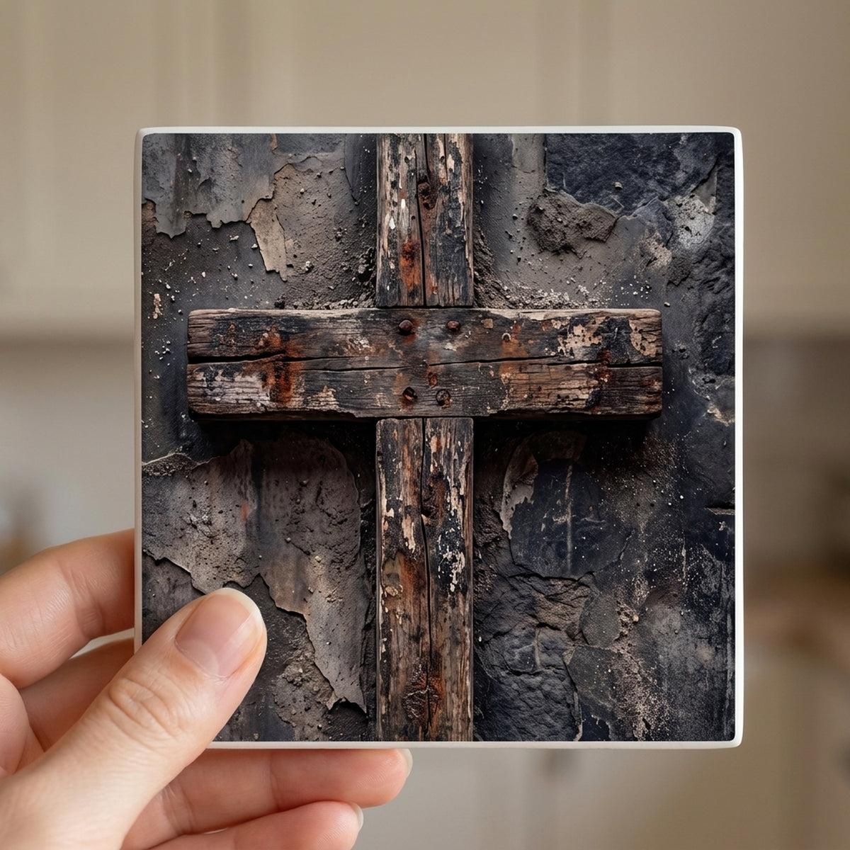 Distressed Cross ceramic coasters set of 4, in hand