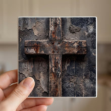 Distressed Cross ceramic coasters set of 4, in hand