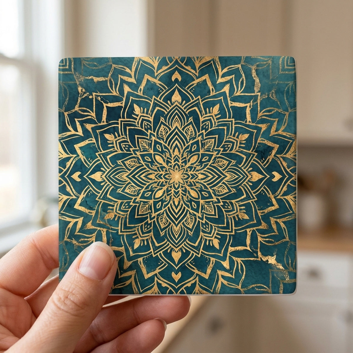 Mandala ceramic coasters set of 4, in hand