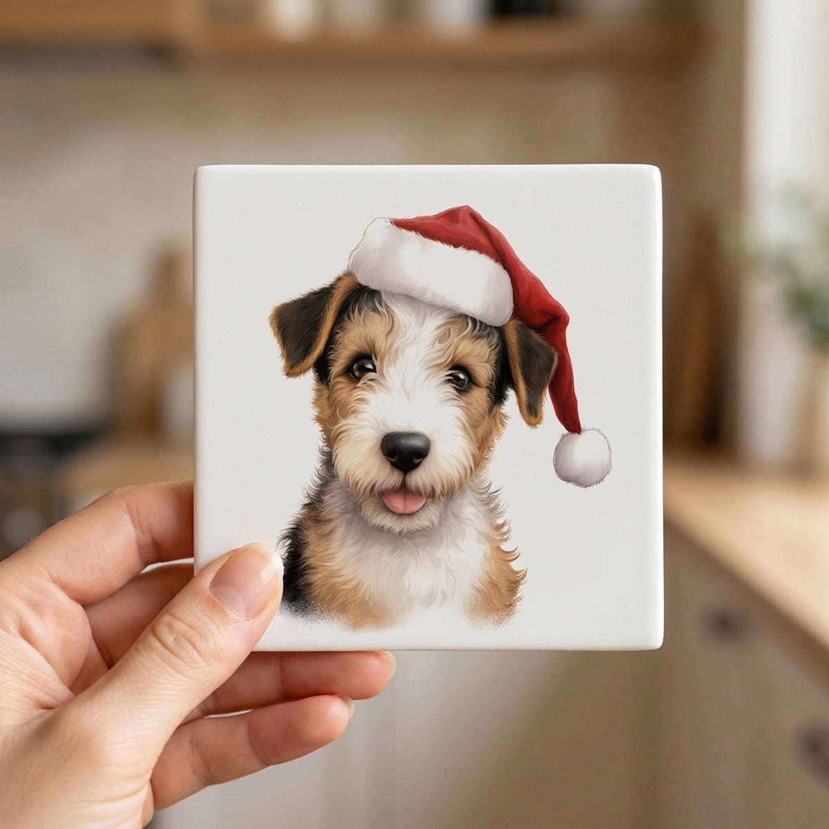 Wire Fox Terrier Puppy Drawing ceramic coasters set of 4, in hand