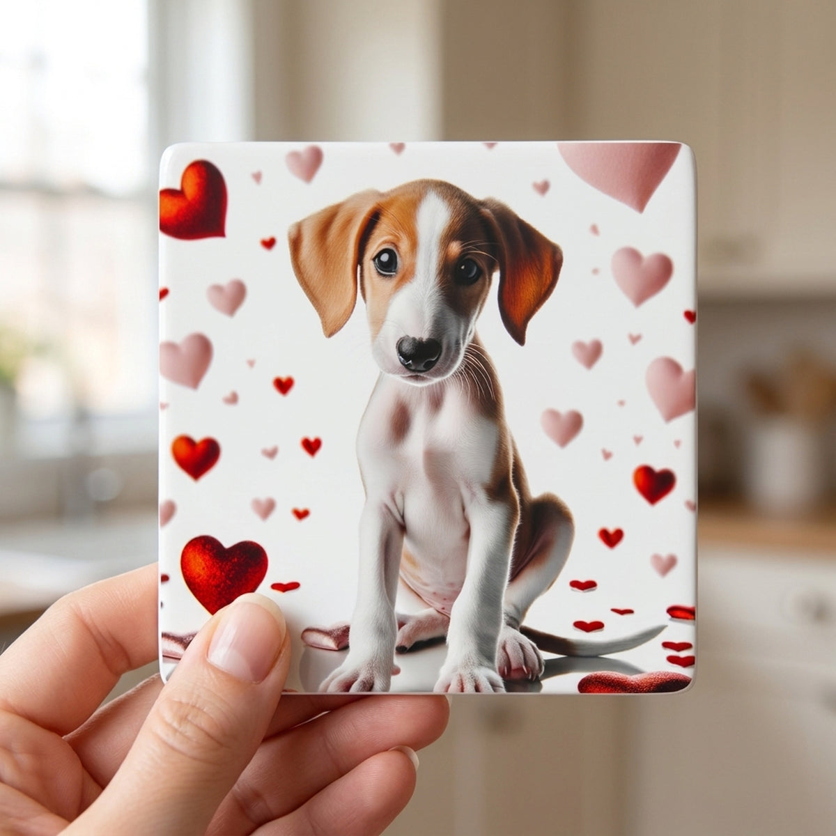 Whippet ceramic coasters set of 4, in hand