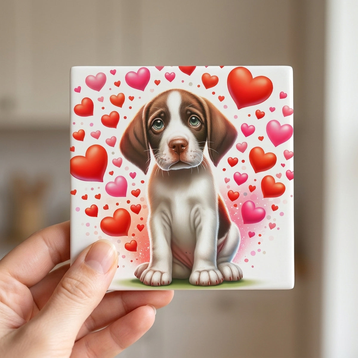 Pointer ceramic coasters set of 4, in hand