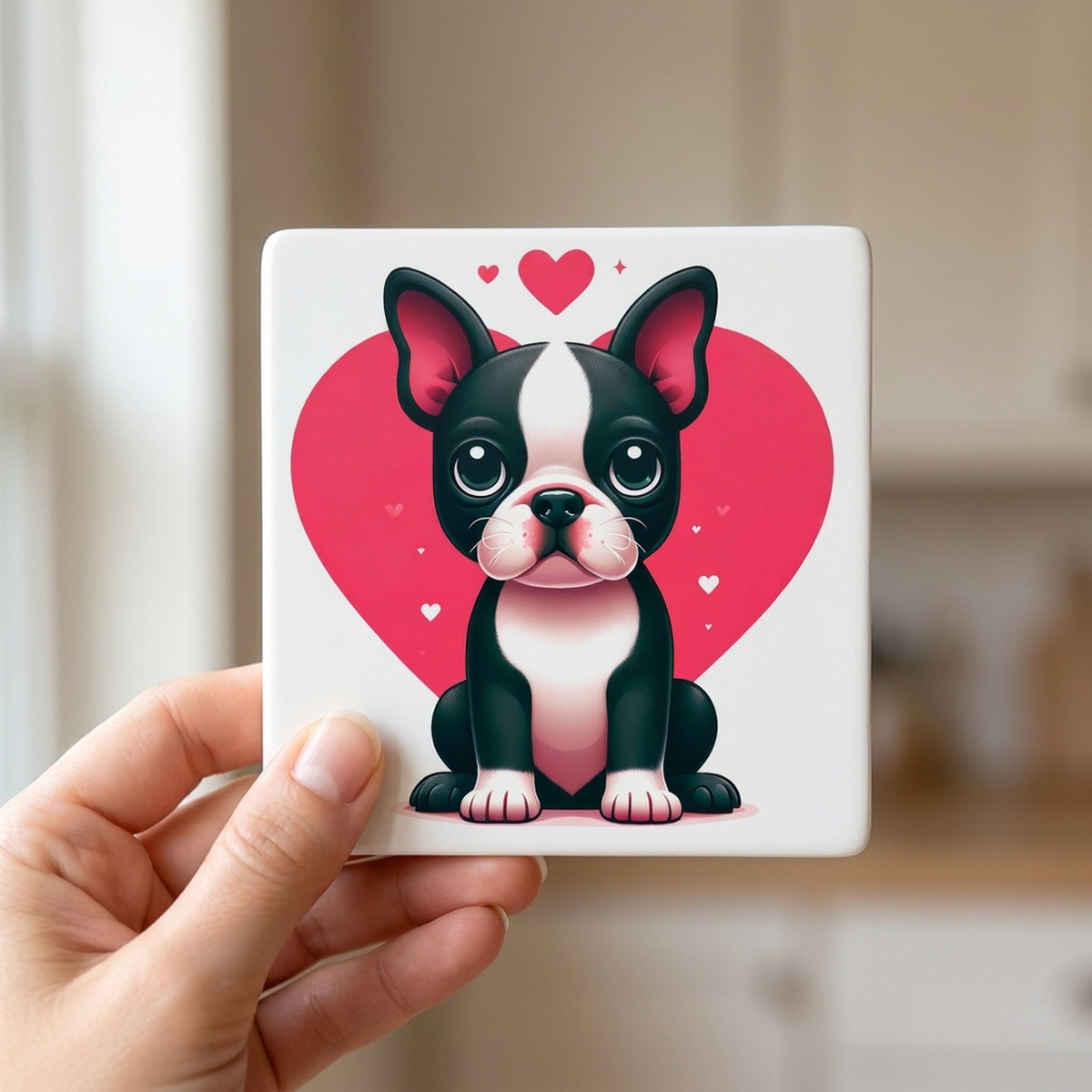 Boston Terrier ceramic coasters set of 4, in hand