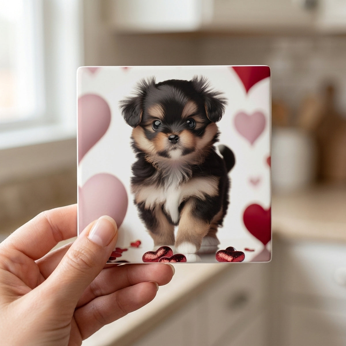 Pomeranian ceramic coasters set of 4, in hand