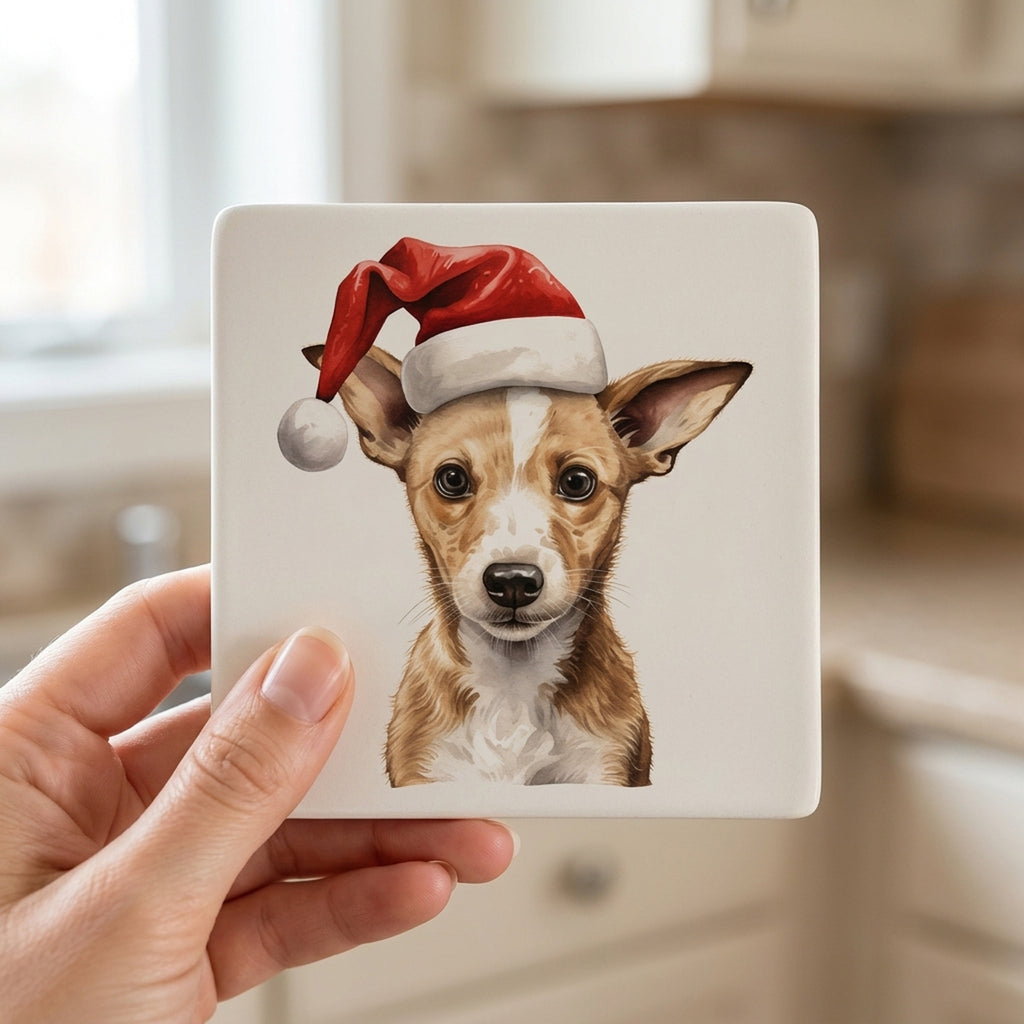 Portuguese Podengo Pequeno Puppy Drawing ceramic coasters set of 4, in hand