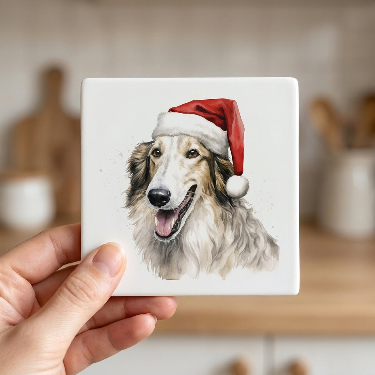 Borzoi Puppy Drawing ceramic coasters set of 4, in hand