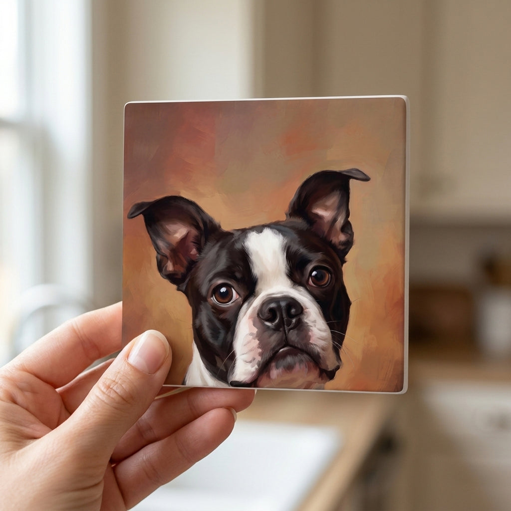 Boston Terrier Portrait ceramic coasters set of 4, in hand