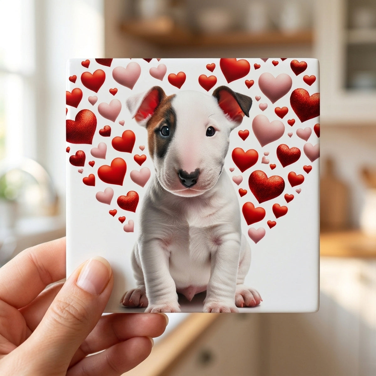 Bull Terrier ceramic coasters set of 4, in hand