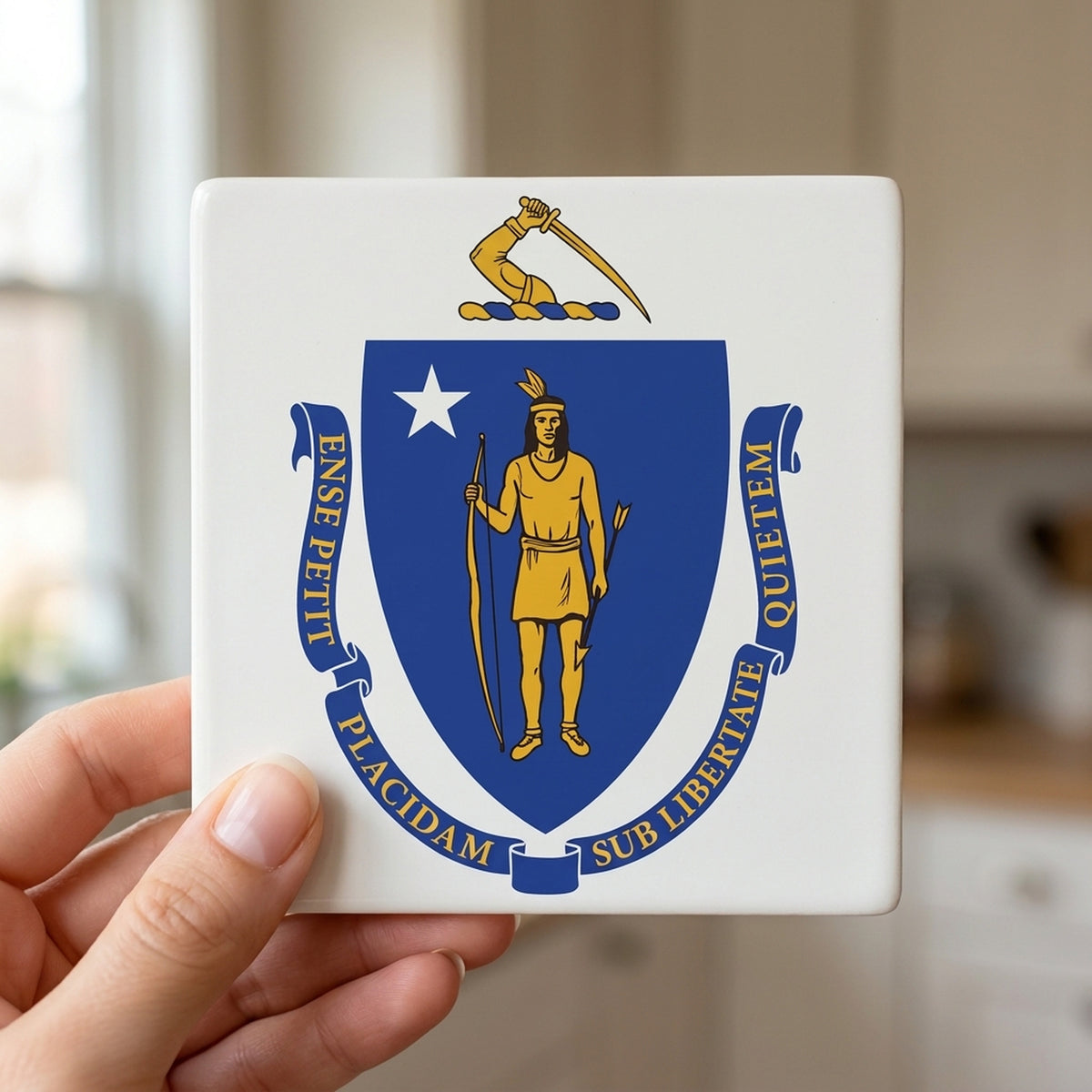 Massachusetts State Flag ceramic coasters set of 4, in hand