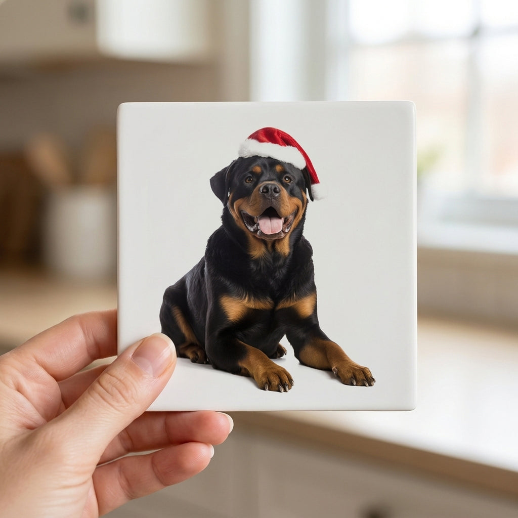 Rottweiler ceramic coasters set of 4, in hand