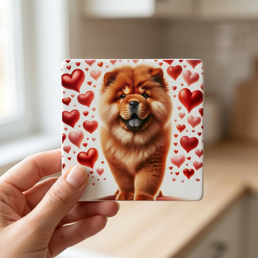 Chow Chow ceramic coasters set of 4, in hand