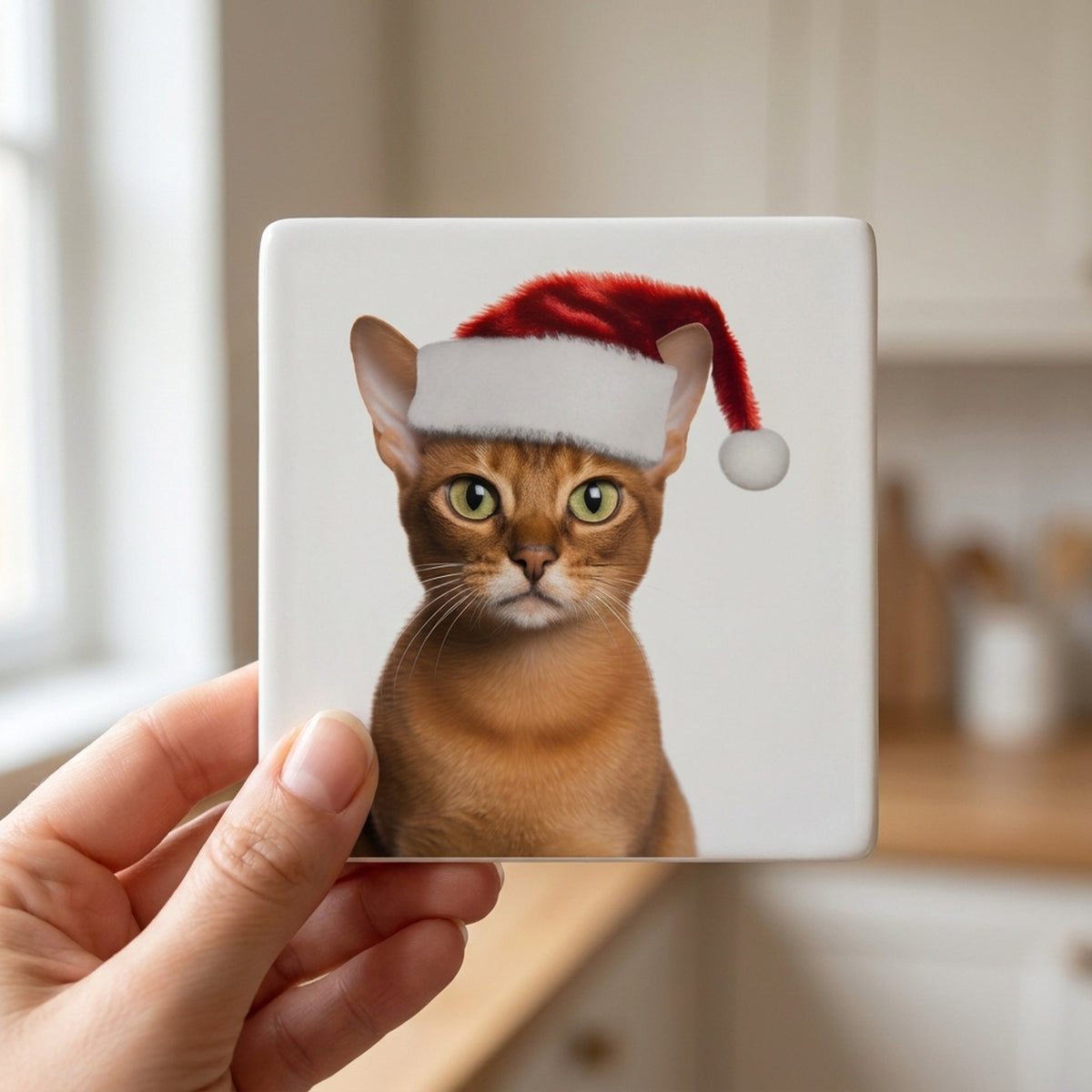 Abyssinian Cat ceramic coasters set of 4, in hand