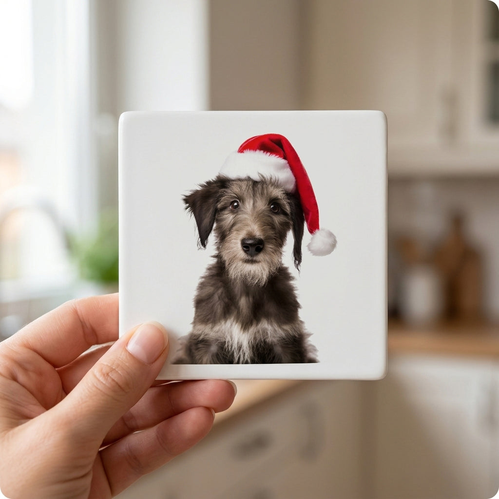 Scottish Deerhound Puppy ceramic coasters set of 4, in hand
