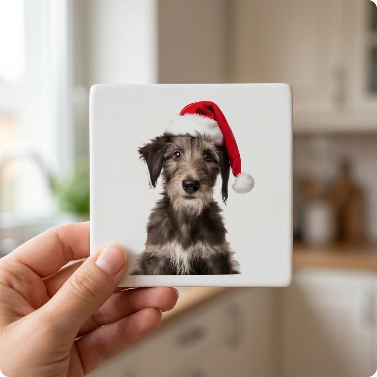 Scottish Deerhound Puppy ceramic coasters set of 4, in hand
