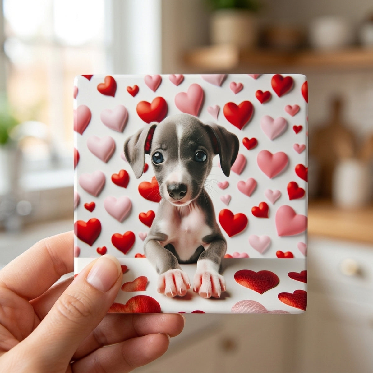 Italian Greyhound ceramic coasters set of 4, in hand