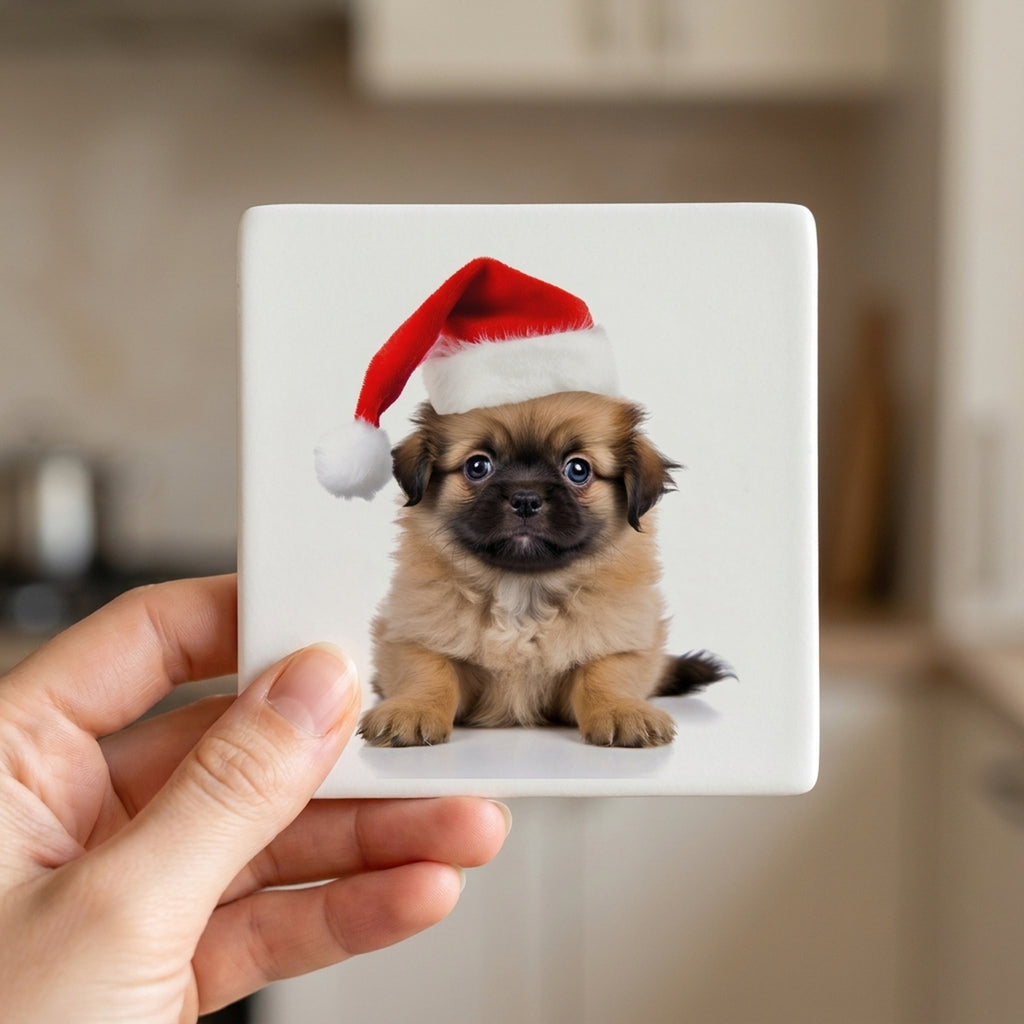 Tibetan Spaniel Puppy ceramic coasters set of 4, in hand