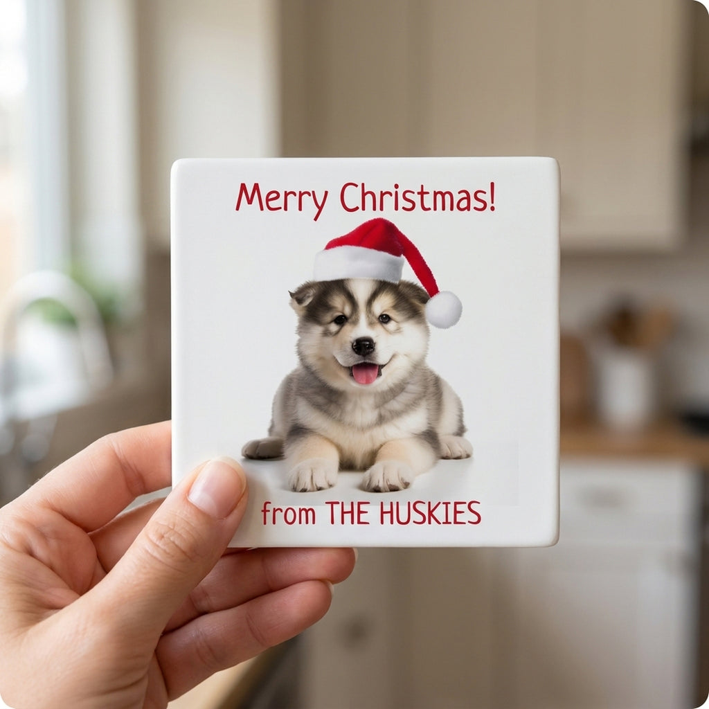 Alaskan Malamute Puppy ceramic coasters set of 4, in hand