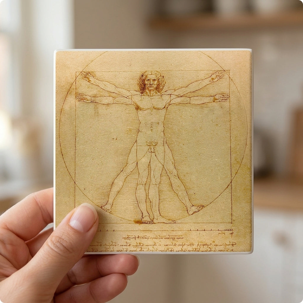 Vitruvian Man ceramic coasters set of 4, in hand